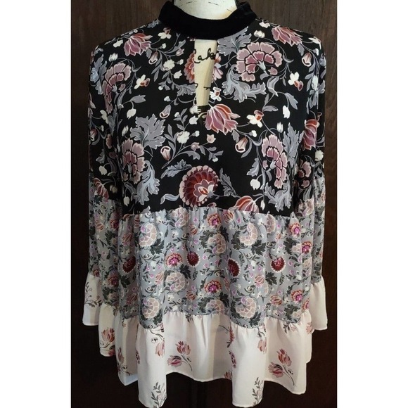 LOFT size Medium high neck floral blouse loose mixed print tiered pink black - Picture 1 of 9